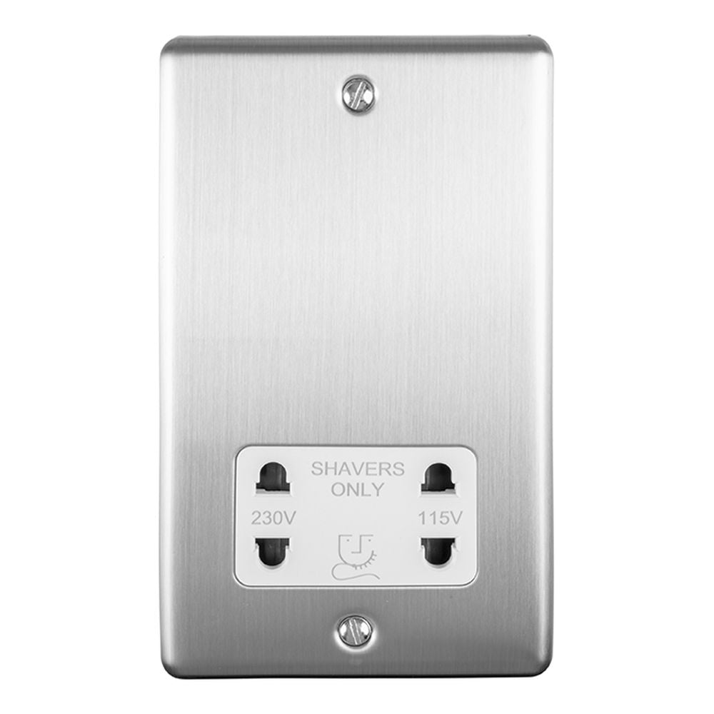 This is an image showing Eurolite Enhance Decorative Shaver Socket - Satin Stainless Steel (With White Trim) enshsssw available to order from trade door handles, quick delivery and discounted prices.