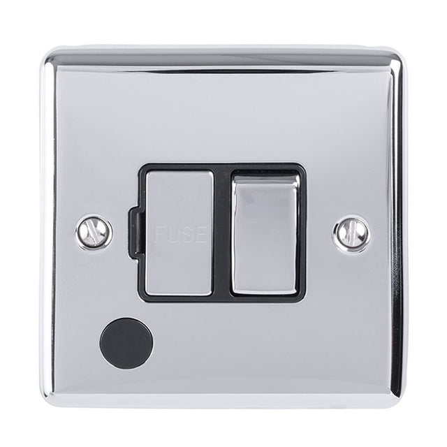 This is an image showing Eurolite Enhance Decorative Switched Fuse Spur With Flex Outlet - Polished Chrome (With Black Trim) enswffopcb available to order from trade door handles, quick delivery and discounted prices.