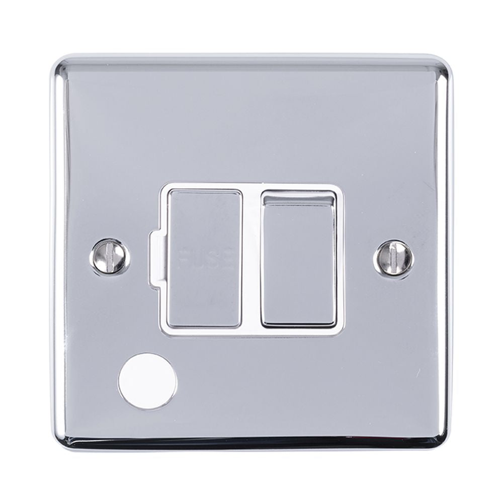 This is an image showing Eurolite Enhance Decorative Switched Fuse Spur With Flex Outlet - Polished Chrome (With White Trim) enswffopcw available to order from trade door handles, quick delivery and discounted prices.