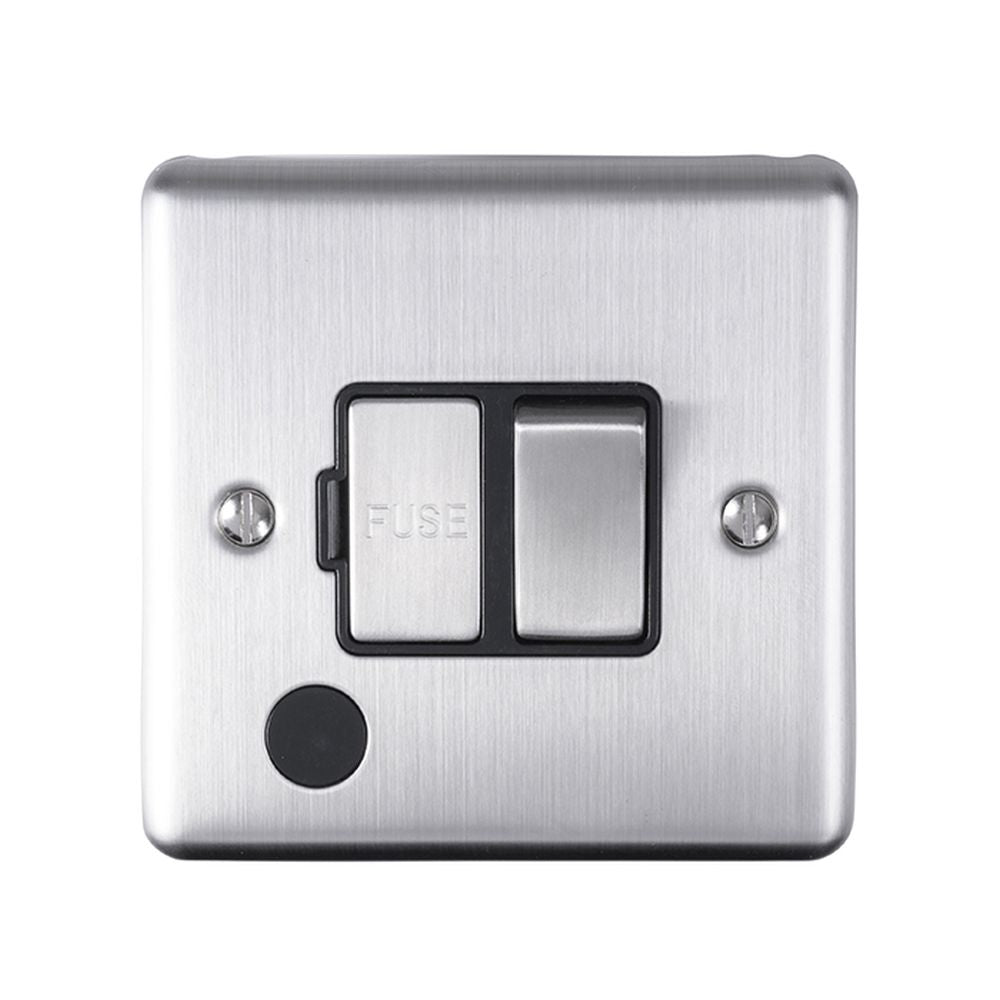 This is an image showing Eurolite Enhance Decorative Switched Fuse Spur With Flex Outlet - Satin Stainless Steel (With Black Trim) enswffossb available to order from trade door handles, quick delivery and discounted prices.