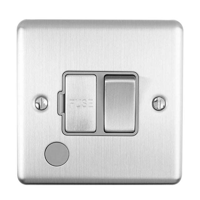 This is an image showing Eurolite Enhance Decorative Switched Fuse Spur With Flex Outlet - Satin Stainless Steel (With Grey Trim) enswffossg available to order from trade door handles, quick delivery and discounted prices.