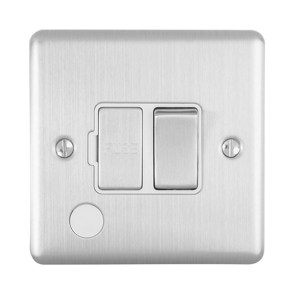 This is an image showing Eurolite Enhance Decorative Switched Fuse Spur With Flex Outlet - Satin Stainless Steel (With White Trim) enswffossw available to order from trade door handles, quick delivery and discounted prices.