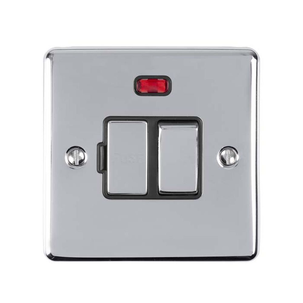 This is an image showing Eurolite Enhance Decorative Switched Fuse Spur With Neon Indicator - Polished Chrome (With Black Trim) enswfnpcb available to order from trade door handles, quick delivery and discounted prices.