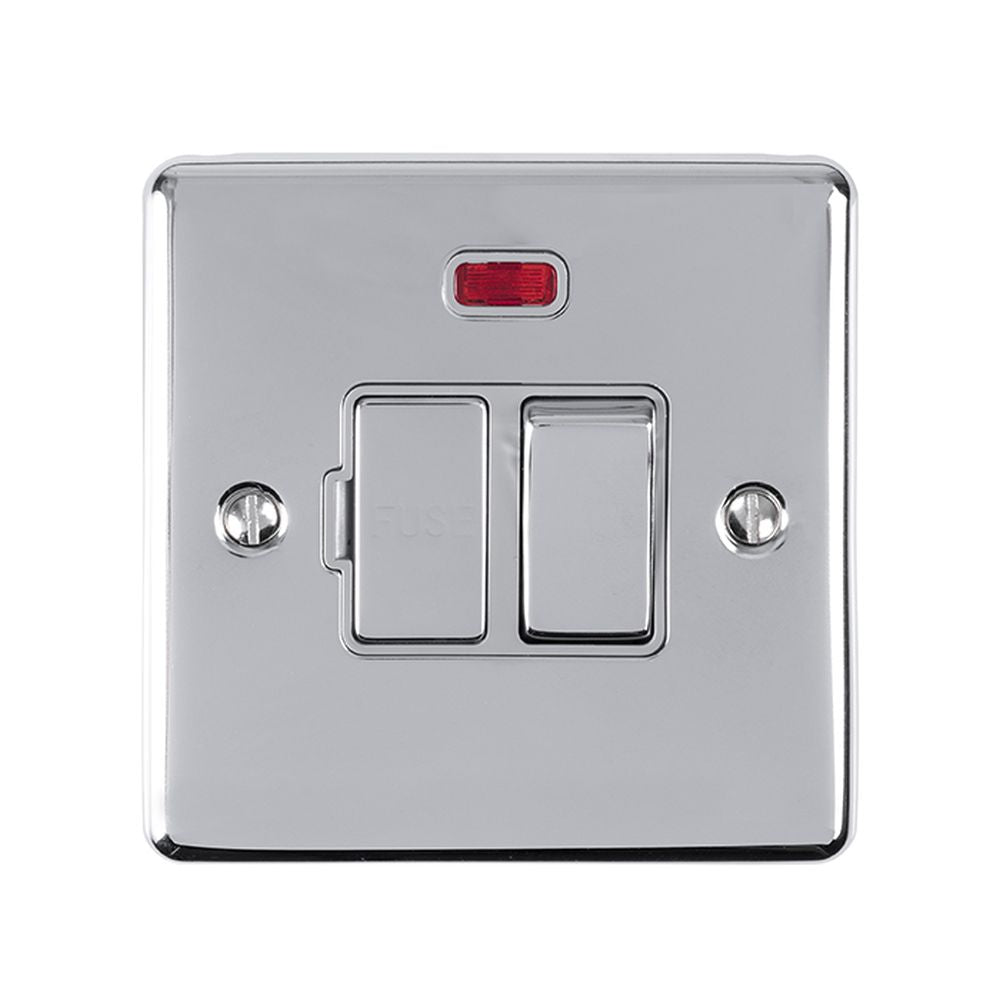 This is an image showing Eurolite Enhance Decorative Switched Fuse Spur With Neon Indicator - Polished Chrome (With Grey Trim) enswfnpcg available to order from trade door handles, quick delivery and discounted prices.