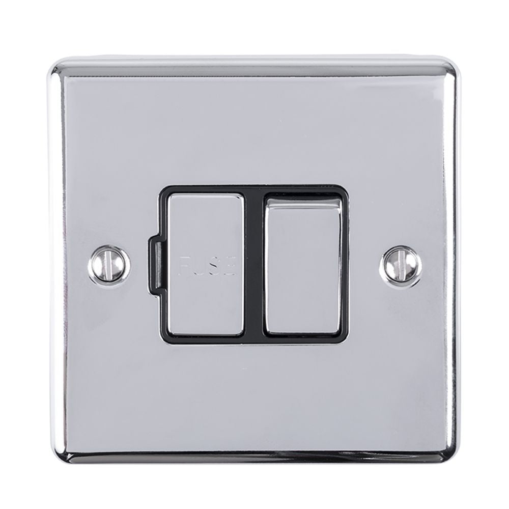 This is an image showing Eurolite Enhance Decorative Switched Fuse Spur - Polished Chrome (With Black Trim) enswfpcb available to order from trade door handles, quick delivery and discounted prices.