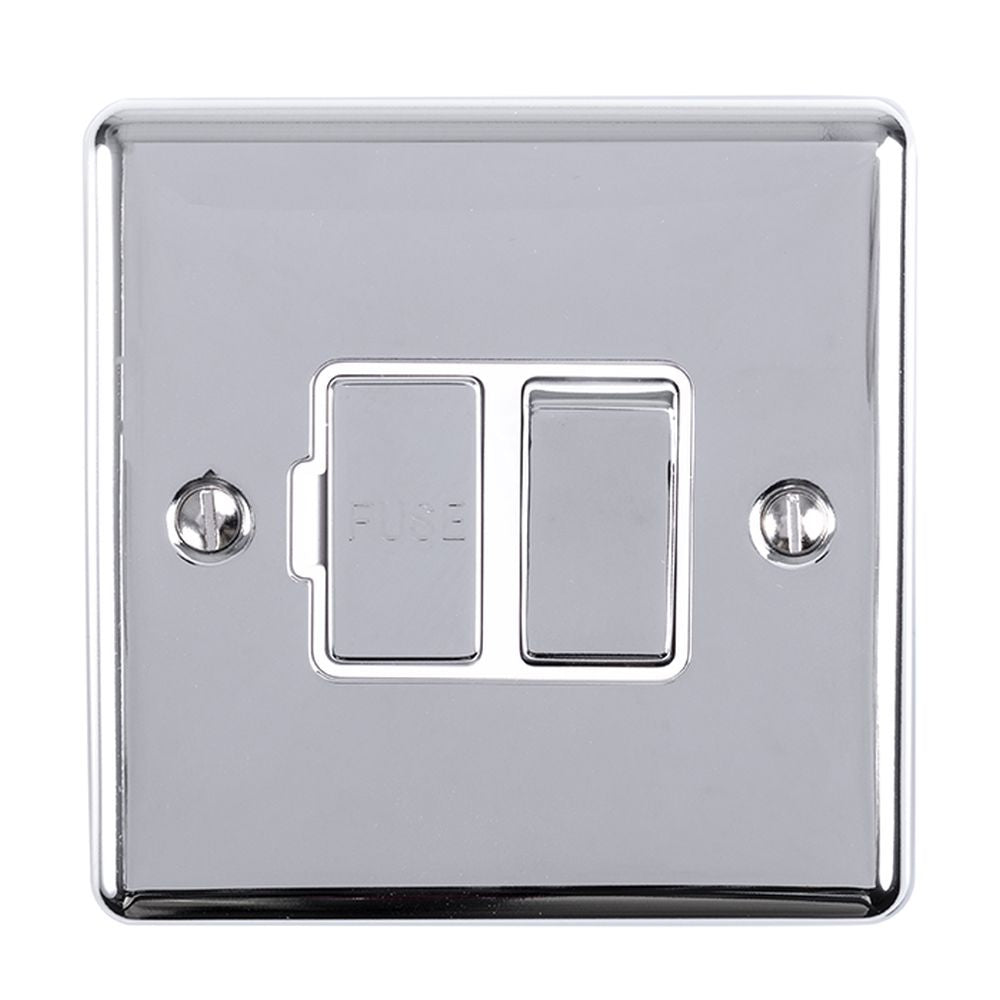 This is an image showing Eurolite Enhance Decorative Switched Fuse Spur - Polished Chrome (With White Trim) enswfpcw available to order from trade door handles, quick delivery and discounted prices.