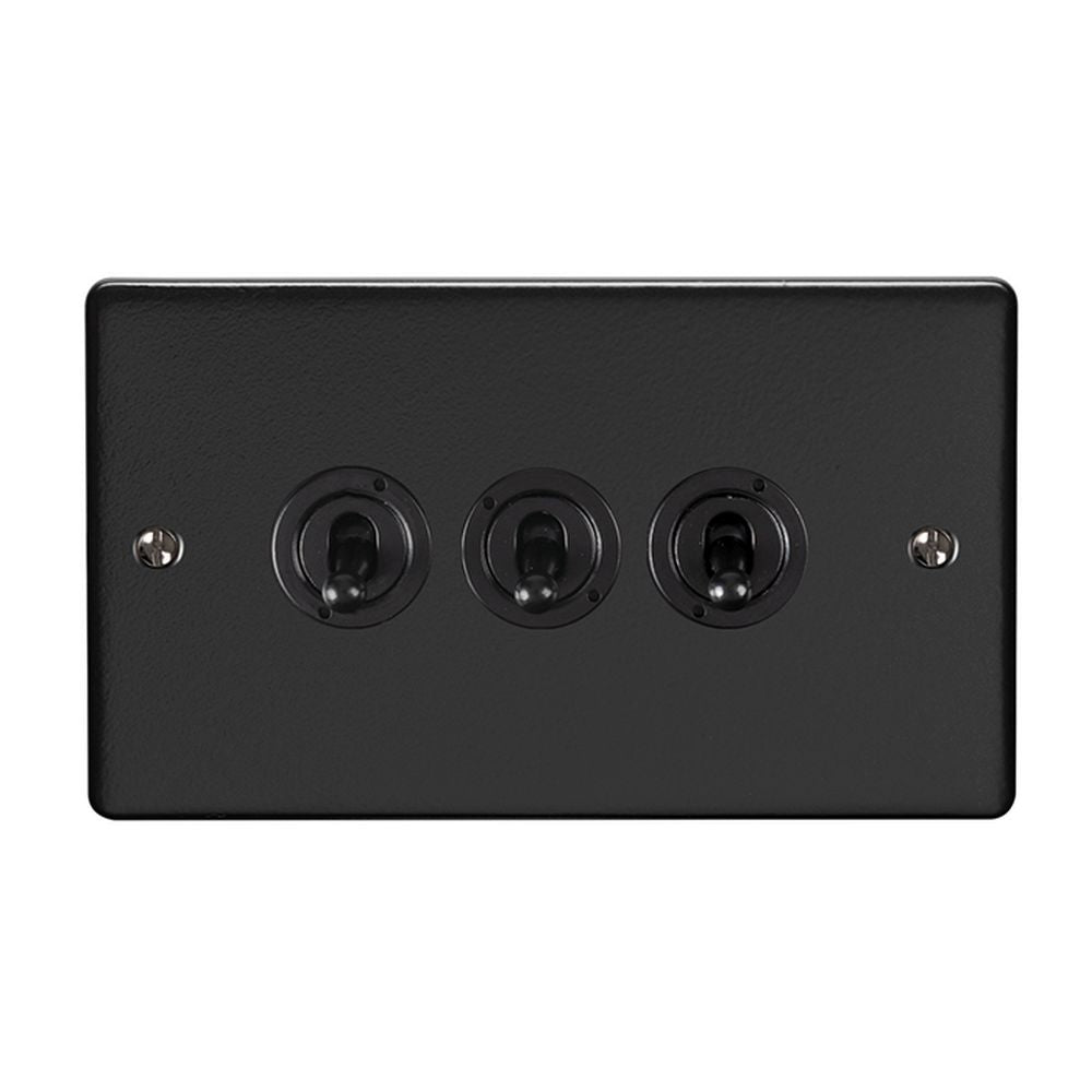 This is an image showing Eurolite Enhance Decorative 3 Gang Toggle Switch - Matt Black (With Black Trim) ent3swmbb available to order from trade door handles, quick delivery and discounted prices.