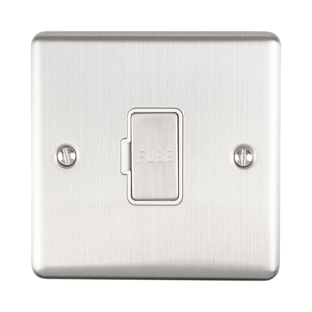 This is an image showing Eurolite Enhance Decorative Unswitched Fuse Spur - Satin Stainless Steel (With White Trim) enuswfssw available to order from trade door handles, quick delivery and discounted prices.