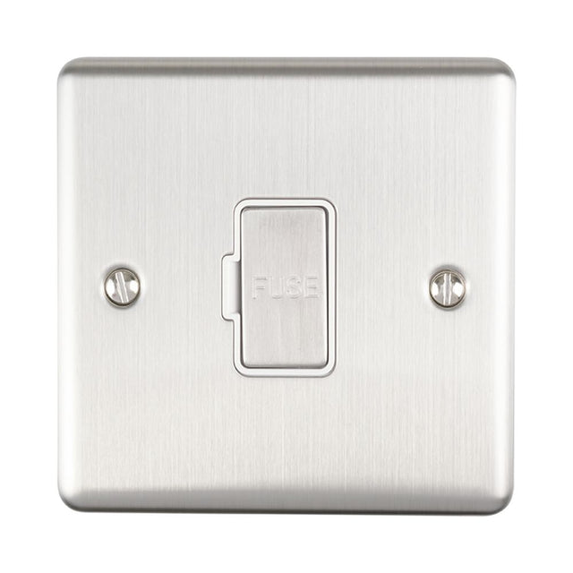 This is an image showing Eurolite Enhance Decorative Unswitched Fuse Spur - Satin Stainless Steel (With White Trim) enuswfssw available to order from trade door handles, quick delivery and discounted prices.