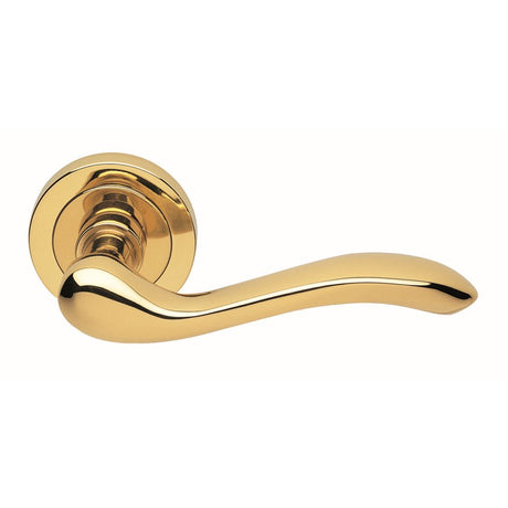 This is an image of a Manital - Apollo Lever on Round Rose - Polished Brass that is availble to order from Trade Door Handles in Kendal.