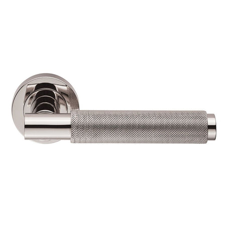This is an image of a Carlisle Brass - Varese Knurled Lever on Rose - Polished Nickel that is availble to order from Trade Door Handles in Kendal.