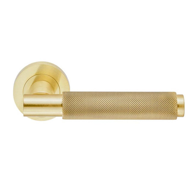 This is an image of a Carlisle Brass - Varese Knurled Lever on Rose - Satin Brass that is availble to order from Trade Door Handles in Kendal.