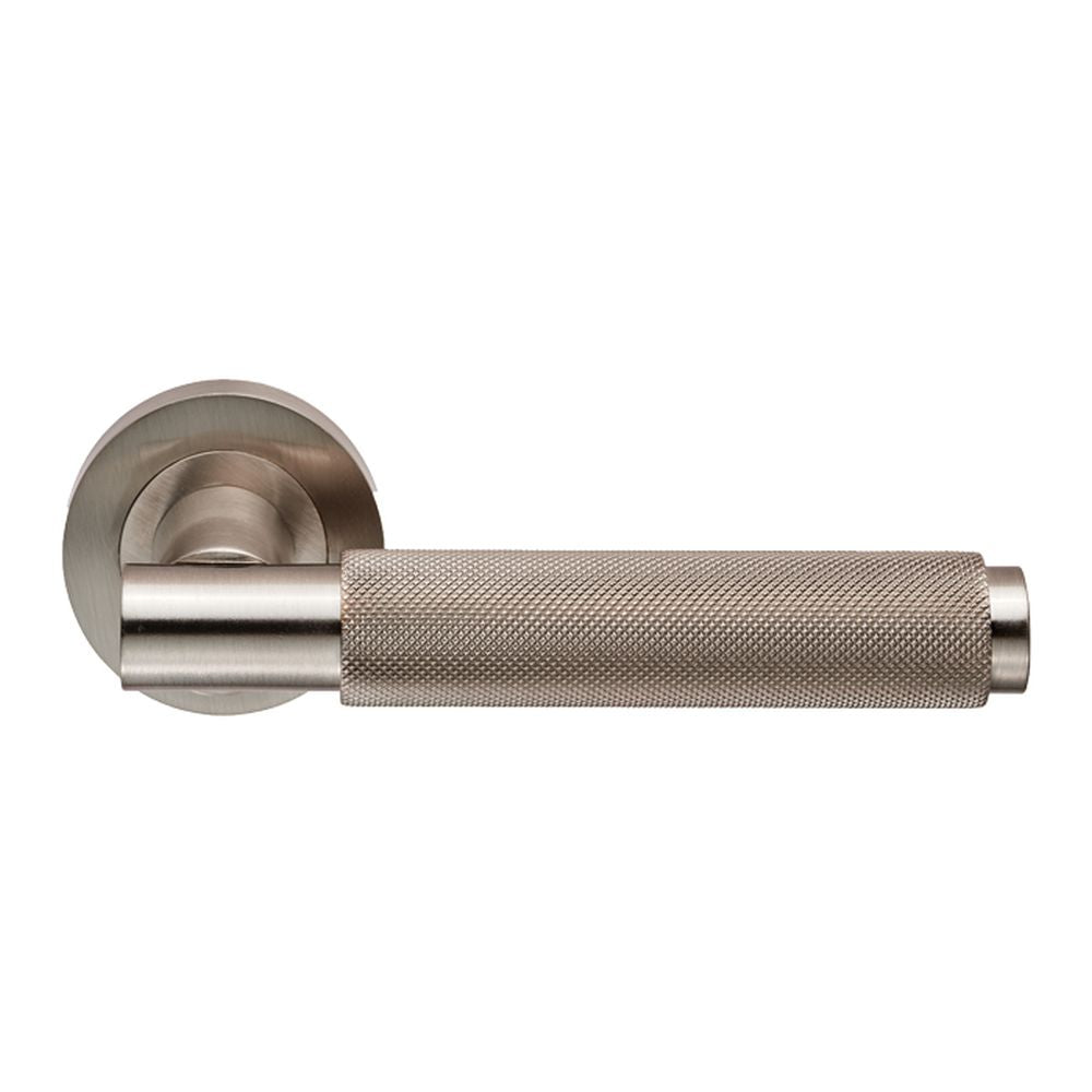 This is an image of a Carlisle Brass - Varese Knurled Lever on Rose - Satin Nickel that is availble to order from Trade Door Handles in Kendal.