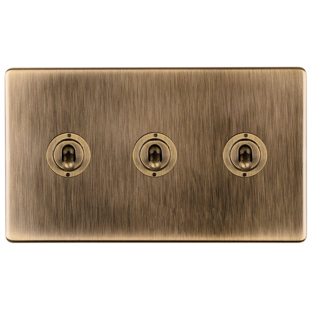 EuroLite Electrical Antique Brass / Concealed 3mm 1-4 Gang Toggle Switch Satin Brass Eurolite 3 Gang 10Amp 2Way Toggle Switch- Antique Brass