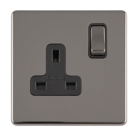 EuroLite Electrical Black Nickel / 1 GANG 13AMP DP SWITCHED SOCKET FLAT CONCEALED BLACK NICKEL PLATE MATCHING ROCKER / (With Black Trim) Eurolite Concealed 3mm 1 Gang 13Amp Dp Switched Socket - Black Nickel (With Black Trim)