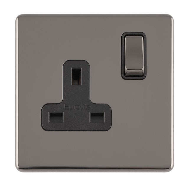 EuroLite Electrical Black Nickel / 1 GANG 13AMP DP SWITCHED SOCKET FLAT CONCEALED BLACK NICKEL PLATE MATCHING ROCKER / (With Black Trim) Eurolite Concealed 3mm 1 Gang 13Amp Dp Switched Socket - Black Nickel (With Black Trim)