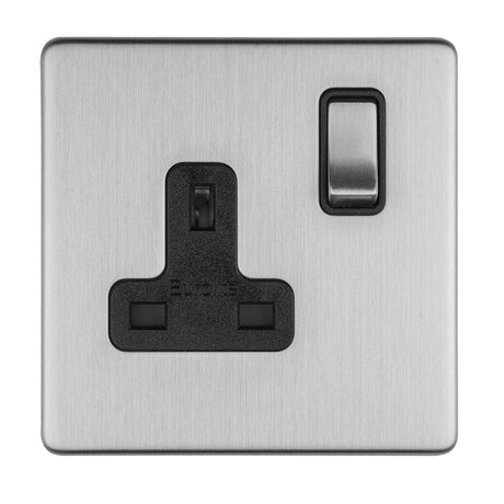 EuroLite Electrical Stainless Steel / 1 GANG 13AMP DP SWITCHED SOCKET FLAT CONCEALED SATIN STAINLESS PLATE MATCHING ROCKER / (With Black Trim) Eurolite Concealed 3mm 1 Gang 13Amp Dp Switched Socket - Stainless Steel (With Black Trim)