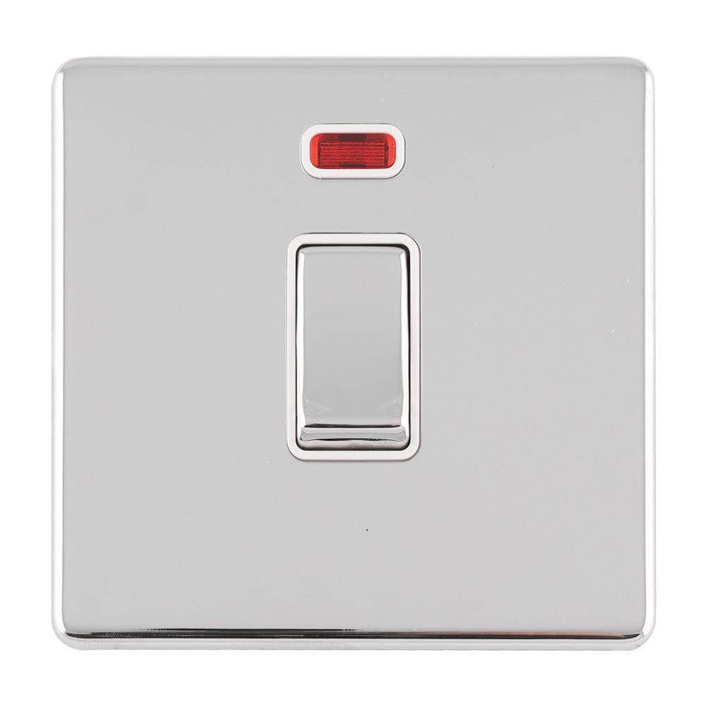 EuroLite Electrical Polished Chrome / 1 GANG 20AMP DP SWITCH & NEON FLAT CONCEALED POLISHED CHROME PLATE MATCHING ROCKER / (With White Trim) Eurolite Concealed 3mm 1 Gang 20Amp Dp Switch & Neon - Polished Chrome (With White Trim)