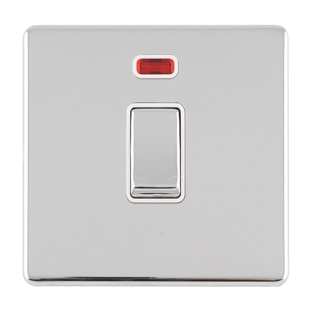 EuroLite Electrical Polished Chrome / 1 GANG 20AMP DP SWITCH & NEON FLAT CONCEALED POLISHED CHROME PLATE MATCHING ROCKER / (With White Trim) Eurolite Concealed 3mm 1 Gang 20Amp Dp Switch & Neon - Polished Chrome (With White Trim)