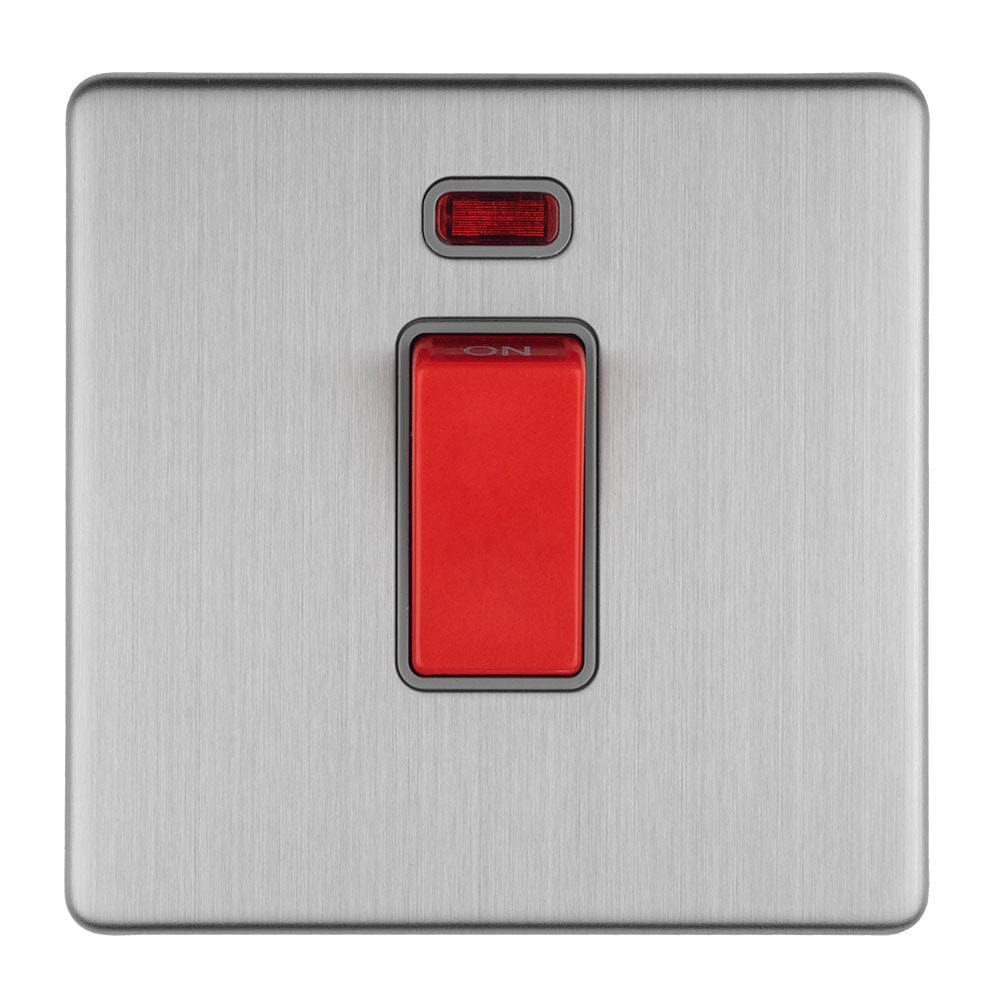 EuroLite Electrical Stainless Steel / 1 GANG 45AMP DP SWITCH WITH NEON FLAT CONCEALED SATIN STAINLESS PLATE MATCHING ROCKER / (With matching Trim) Eurolite Concealed 3mm 1 Gang 45Amp Dp Switch With Neon - Stainless Steel (With matching Trim)