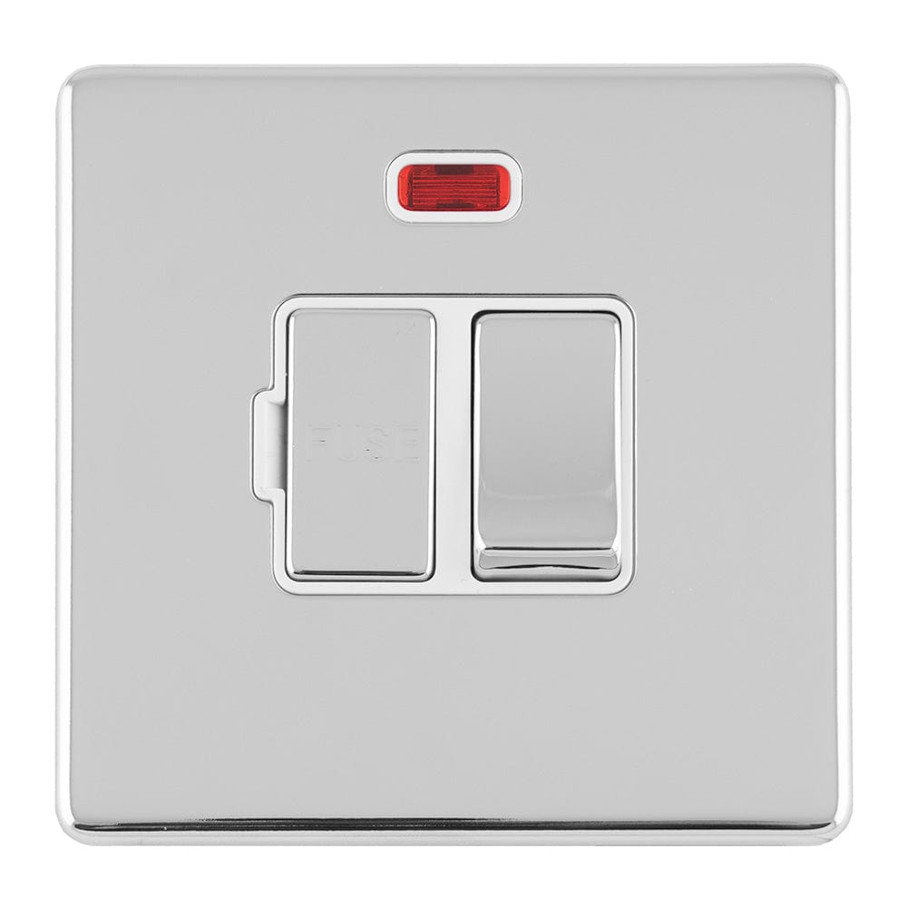 EuroLite Electrical Polished Chrome / 13AMP SWITCHED FUSE SPUR WITH NEON FLAT CONCEALED POLISHED CHROME PLATE MATCHING ROCKER / (With White Trim) Eurolite Concealed 3mm 13Amp Switched Fuse Spur With Neon - Polished Chrome (With White Trim)