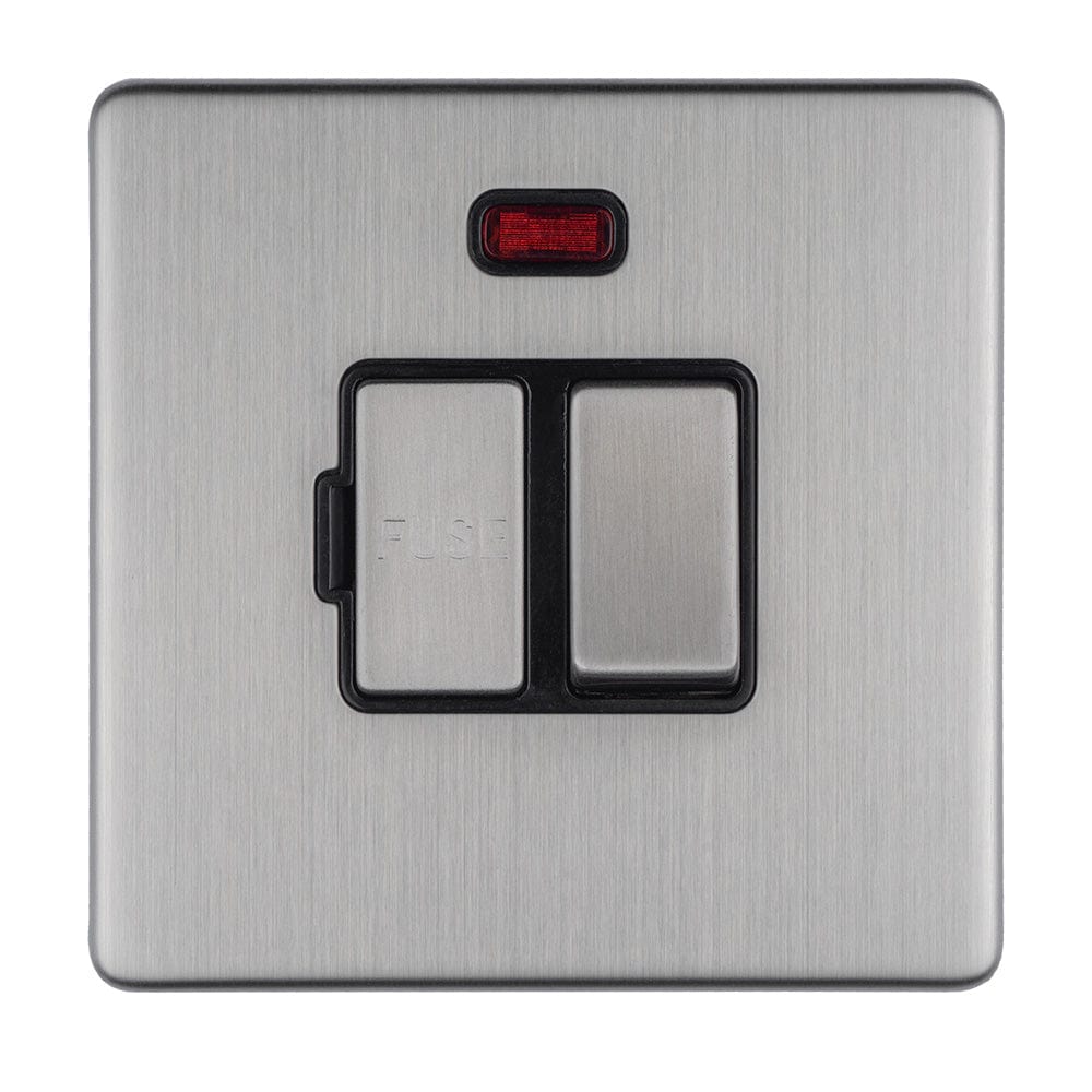 EuroLite Electrical Stainless Steel / 13AMP SWITCHED FUSE SPUR WITH NEON FLAT CONCEALED SATIN STAINLESS PLATE MATCHING ROCKER / (With Matching Trim) Eurolite Concealed 3mm 13Amp Switched Fuse Spur With Neon - Stainless Steel (With Matching Trim)