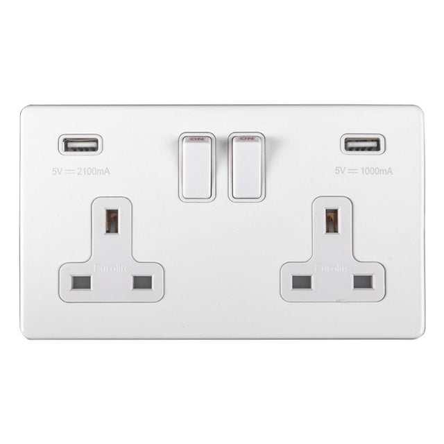 EuroLite Electrical Matt White / 2 Gang USB Socket / (With White Trim) Eurolite Concealed 3mm 2 Gang USB Socket - White (With White Trim)