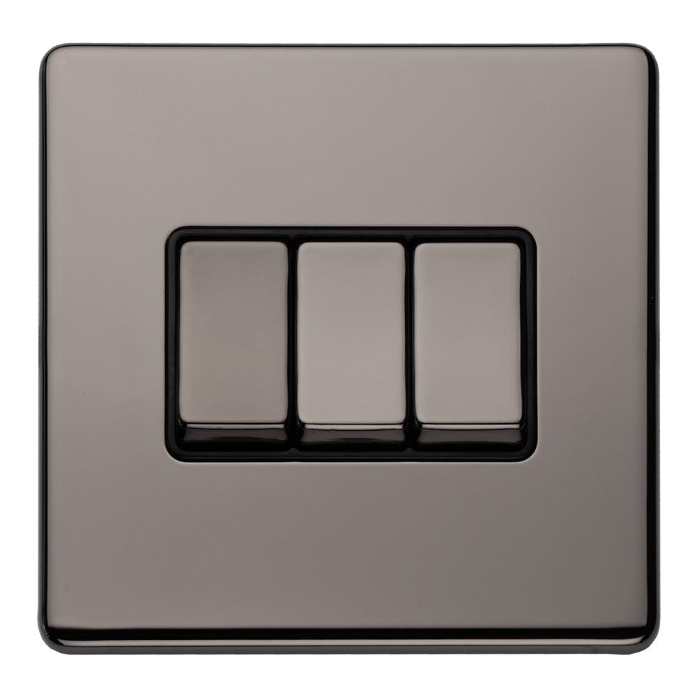 EuroLite Electrical Black Nickel / 3 GANG 10AMP 2WAY SWITCH FLAT CONCEALED BLACK NICKEL PLATE MATCHING ROCKERS / (With Black Trim) Eurolite Concealed 3mm 3 Gang 10Amp 2Way Switch - Black Nickel (With Black Trim)