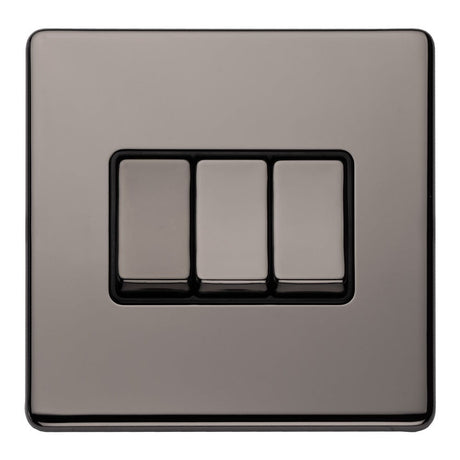 EuroLite Electrical Black Nickel / 3 GANG 10AMP 2WAY SWITCH FLAT CONCEALED BLACK NICKEL PLATE MATCHING ROCKERS / (With Black Trim) Eurolite Concealed 3mm 3 Gang 10Amp 2Way Switch - Black Nickel (With Black Trim)