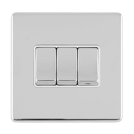 EuroLite Electrical Polished Chrome / 3 GANG 10AMP 2WAY SWITCH FLAT CONCEALED POLISHED CHROME PLATE MATCHING ROCKERS / (With White Trim) Eurolite Concealed 3mm 3 Gang 10Amp 2Way Switch - Polished Chrome (With White Trim)