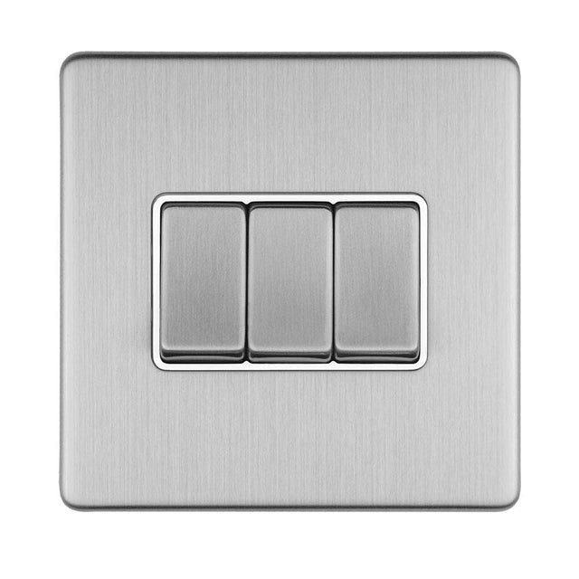 EuroLite Electrical Stainless Steel / 3 GANG 10AMP 2WAY SWITCH FLAT CONCEALED SATIN STAINLESS PLATE MATCHING ROCKERS / (With Matching Trim) Eurolite Concealed 3mm 3 Gang 10Amp 2Way Switch - Stainless Steel (With Matching Trim)