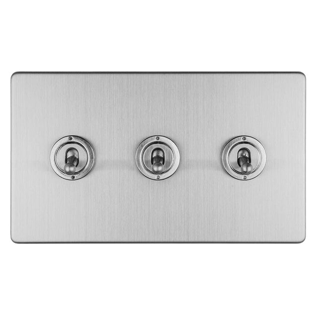 EuroLite Electrical Stainless Steel / 3 GANG 10AMP 2WAY TOGGLE SWITCH SATIN STAINLESS PLATE / (With Brass Trim) Eurolite Concealed 3mm 3 Gang 10Amp 2Way Toggle Switch Satin Stainless Plate - Stainless Steel (With Brass Trim)
