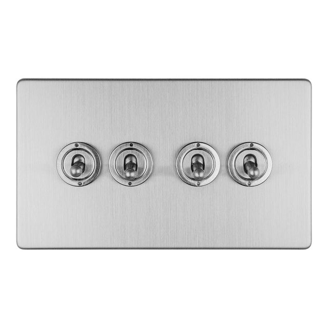 EuroLite Electrical Stainless Steel / 4 GANG 10AMP 2WAY TOGGLE SWITCH SATIN STAINLESS PLATE / (With Brass Trim) Eurolite Concealed 3mm 4 Gang 10Amp 2Way Toggle Switch Satin Stainless Plate - Stainless Steel (With Brass Trim)