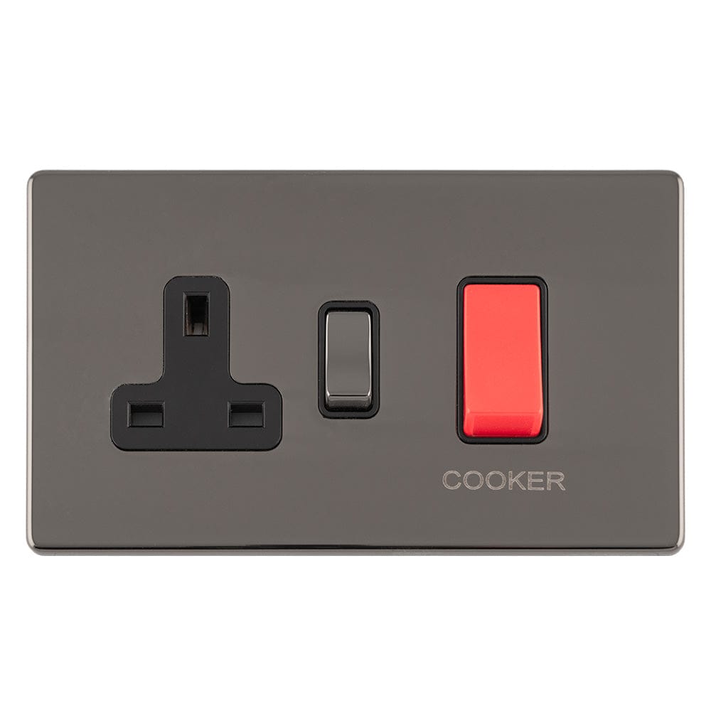 EuroLite Electrical Black Nickel / 45AMP DP COOKER SWITCH WITH 13AMP SOCKET FLAT CONCEALED BLACK NICKEL PLATE MATCHING ROCKER / (With Black Trim) Eurolite Concealed 3mm 45Amp Dp Cooker Switch With 13Amp Socket - Black Nickel (With Black Trim)