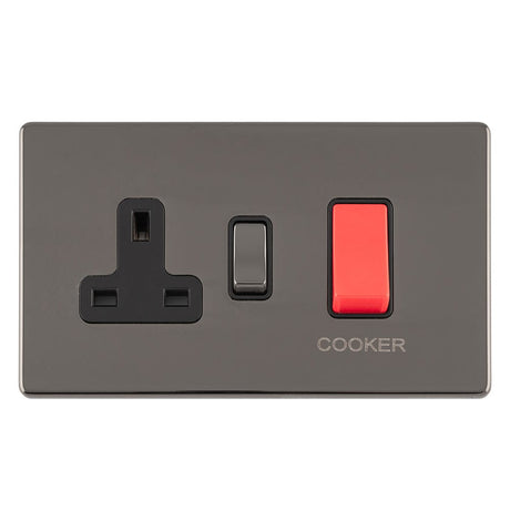 EuroLite Electrical Black Nickel / 45AMP DP COOKER SWITCH WITH 13AMP SOCKET FLAT CONCEALED BLACK NICKEL PLATE MATCHING ROCKER / (With Black Trim) Eurolite Concealed 3mm 45Amp Dp Cooker Switch With 13Amp Socket - Black Nickel (With Black Trim)