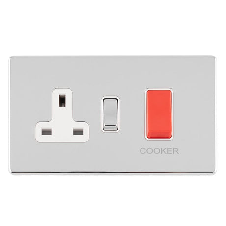 EuroLite Electrical Polished Chrome / 45AMP DP COOKER SWITCH WITH 13AMP SOCKET FLAT CONCEALED POLISHED CHROME PLATE MATCHING ROCKER / (With White Trim) Eurolite Concealed 3mm 45Amp Dp Cooker Switch With 13Amp Socket - Polished Chrome (With White Trim)