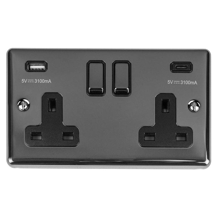 EuroLite Electrical Black Nickel / 2 Gang 13Amp Switched Socket With Usb C / (With Black Trim) Eurolite Enhance Decorative 2 Gang 13Amp Switched Socket With Usb C Black Nickel - Black Nickel (With Black Trim)