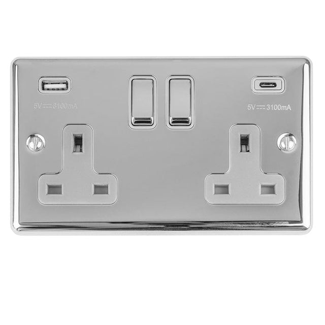 EuroLite Electrical Polished Chrome / 2 Gang 13Amp Switched Socket With Usb C / (With Rockers Trim) Eurolite Enhance Decorative 2 Gang 13Amp Switched Socket With Usb C Polished Chrome - Polished Chrome (With Rockers Trim)