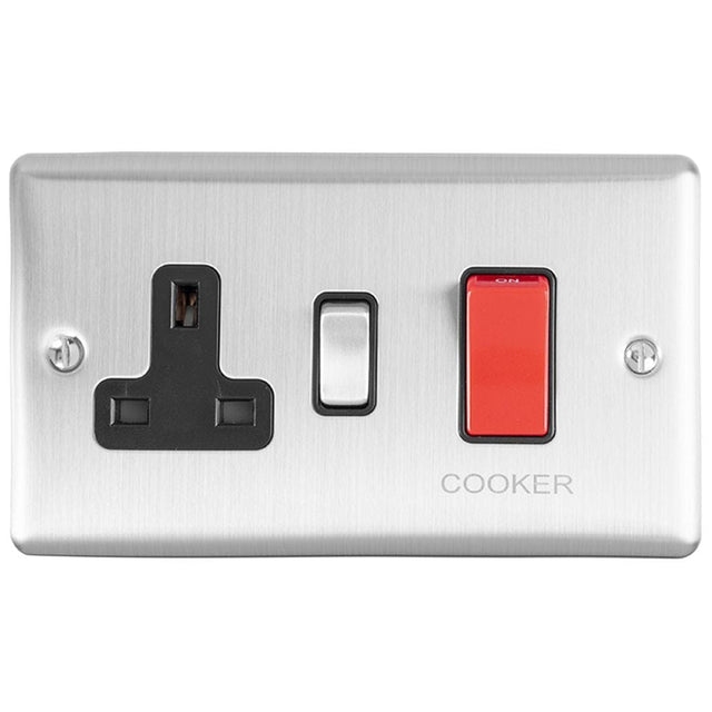 EuroLite Electrical Satin Stainless / 45Amp Switch with a socket / (With Black Trim) Eurolite Enhance Decorative 45Amp Switch with a socket - Satin Stainless Steel (With Black Trim)