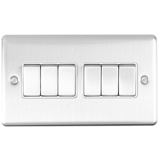 EuroLite Electrical Satin Stainless / 6 Gang Switch / (With White Trim) Eurolite Enhance Decorative 6 Gang Switch - Satin Stainless Steel (With White Trim)