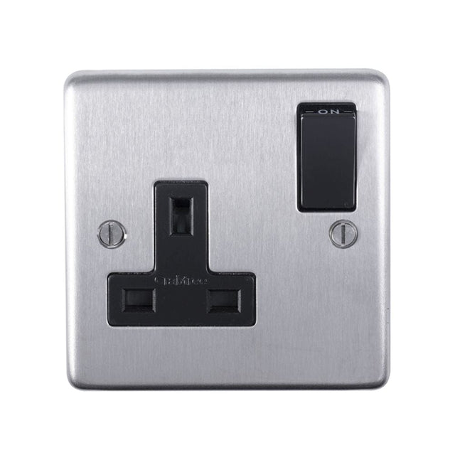EuroLite Electrical Satin Stainless Steel / 1 Gang Socket / (With Black Trim) Eurolite Stainless Steel 1 Gang Socket - Satin Stainless Steel (With Black Trim)