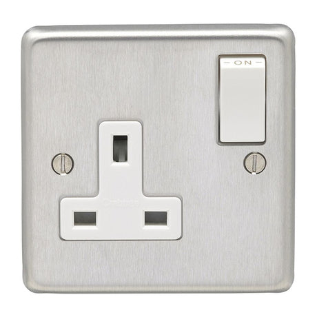 EuroLite Electrical Satin Stainless Steel / 1 Gang Socket / (With White Trim) Eurolite Stainless Steel 1 Gang Socket - Satin Stainless Steel (With White Trim)
