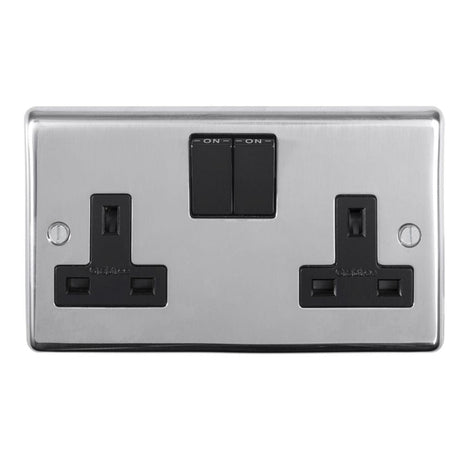 EuroLite Electrical Polished Stainless Steel / 2 Gang Socket / (With Black Trim) Eurolite Stainless Steel 2 Gang Socket - Polished Stainless Steel (With Black Trim)