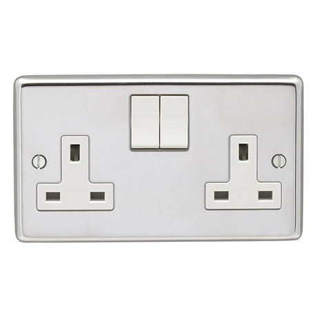 EuroLite Electrical Polished Stainless Steel / 2 Gang Socket / (With White Trim) Eurolite Stainless Steel 2 Gang Socket - Polished Stainless Steel (With White Trim)