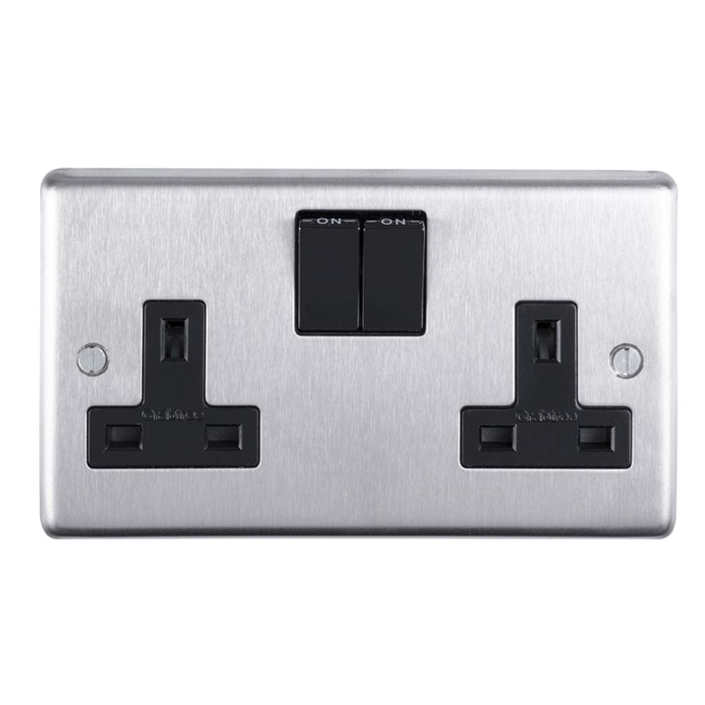 EuroLite Electrical Satin Stainless Steel / 2 Gang Socket / (With Black Trim) Eurolite Stainless Steel 2 Gang Socket - Satin Stainless Steel (With Black Trim)