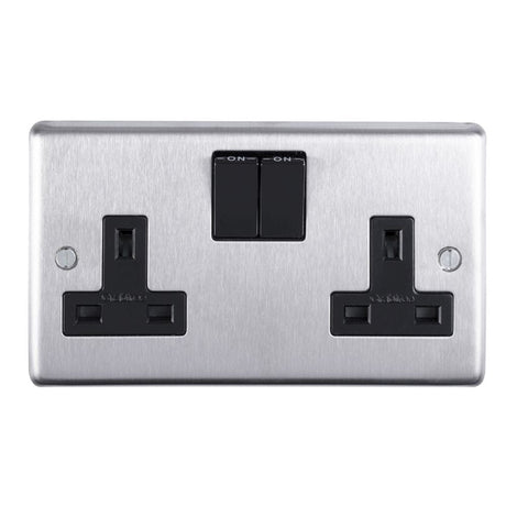 EuroLite Electrical Satin Stainless Steel / 2 Gang Socket / (With Black Trim) Eurolite Stainless Steel 2 Gang Socket - Satin Stainless Steel (With Black Trim)