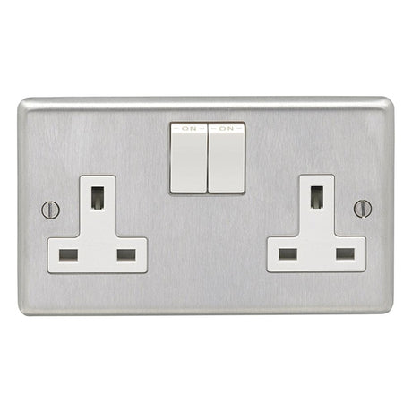EuroLite Electrical Satin Stainless Steel / 2 Gang Socket / (With White Trim) Eurolite Stainless Steel 2 Gang Socket - Satin Stainless Steel (With White Trim)