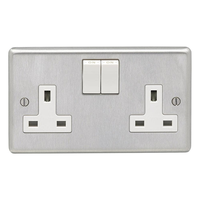 EuroLite Electrical Satin Stainless Steel / 2 Gang Socket / (With White Trim) Eurolite Stainless Steel 2 Gang Socket - Satin Stainless Steel (With White Trim)