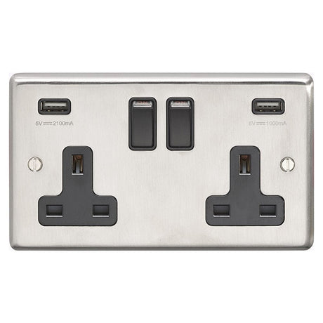 EuroLite Electrical Satin Stainless Steel / 2 Gang USB Socket / (With Black Trim) Eurolite Stainless Steel 2 Gang USB Socket - Satin Stainless Steel (With Black Trim)