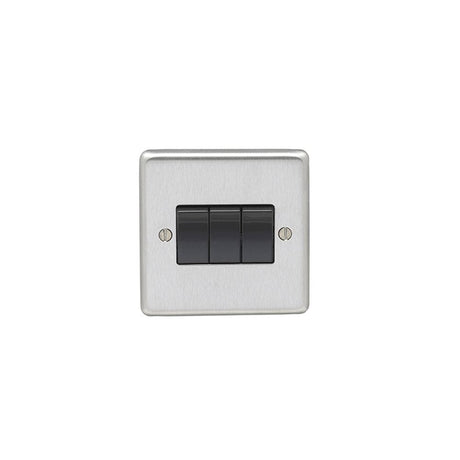 EuroLite Electrical Satin Stainless Steel / 3 Gang Switch / (With Black Trim) Eurolite Stainless Steel 3 Gang Switch - Satin Stainless Steel (With Black Trim)